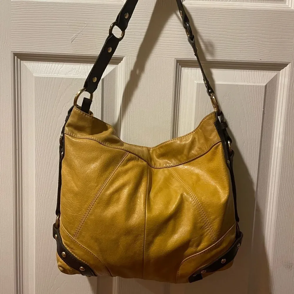Tasche leather mustard yellow shoulder bag brown trims &strap gold tone studs